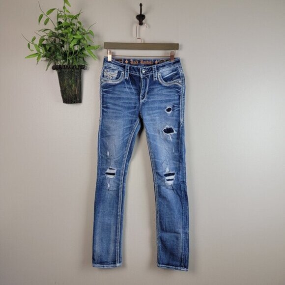 Rock Revival Vitual Pink Mid Rise Straight Patch Distressed Medium Wash Jeans 27 - Picture 2 of 16